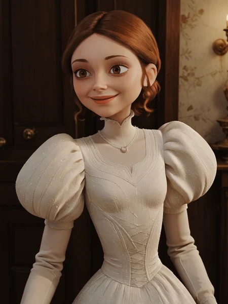 score_9, score_8_up, score_7_up,  score_6_up, BREAK, Lucill3, 1girl, solo, smile, short hair, brown hair, long sleeves, brown eyes, puffy sleeves, white dress, juliet sleeves,  <lora:Lucille:1>
