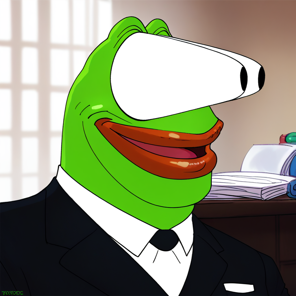 score_9, score_8_up, score_7_up, score_6_up, score_5_up, score_4_up, rating_safe,lips,1boy,solo,upper body,open smile,green skin,pepe the frog,frog,meme,red lips,tuxedo,awooga,indoors,office,<lora:PonyAwooga:0.8>, <lora:officialpit_v2-8:0.6>, <lora:fellatrix_style:0.6>