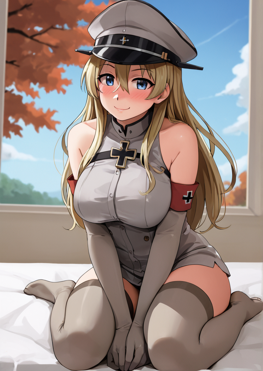 1girl, bismarck (kancolle), huge breast, furry female, furry, autumn leaves, blonde hair, blue eyes, blue sky, blush, breasts, cloud, cross, elbow gloves, gloves, gradient sky, grey thighhighs, hair between eyes, hat, iron cross, long hair, military, military uniform, no shoes, peaked cap, sitting, sky, sleeveless, smile, solo, thighhighs, tree, uniform, window, yellow sky, zPDXL3  <lora:çä¹³ãã¾ãGyuunyuu_Umao_doujinshi:1>