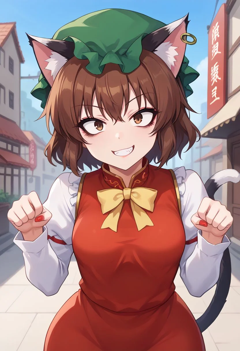 source_anime,
1girl, solo, chen,
brown hair, brown eyes, cat ears, green hat, mob cap, cat tail,
makeup, eyeshadow, eyeliner, lip,
small breasts, toned, curvy, (wide hips:0.9),
red dress, white juliet sleeves, frills,
dress shirt,
constricted pupils,
laughing, smirk,
upper body,
paw pose, nail polish,
outdoors, chinese city,