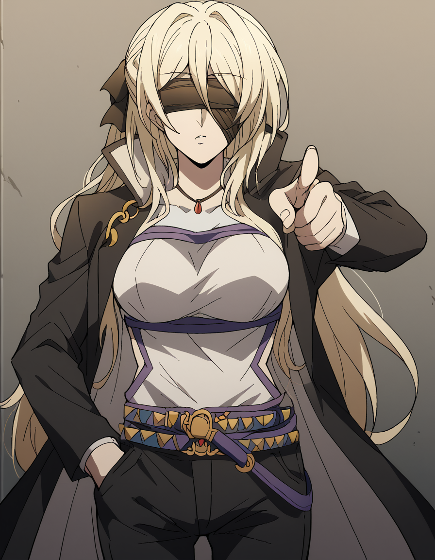 score_9, score_8_up, score_7_up, source_anime, <lora:sword-maiden-s2-ponyxl-lora-nochekaiser:1>, sword maiden, long hair, bangs, blonde hair, blindfold, covered eyes, black blindfold, large breasts, <lora:kujo-jotaro-cosplay-ponyxl-lora-nochekaiser:1>, kujo jotaro cosplay, kujo jotaro (cosplay), gakuran, cosplay, belt, black headwear, black jacket, black pants, high collar, multiple belts, pants, shirt,, street, jojo pose, pointing, hand in pocket, cowboy shot, looking at viewer,