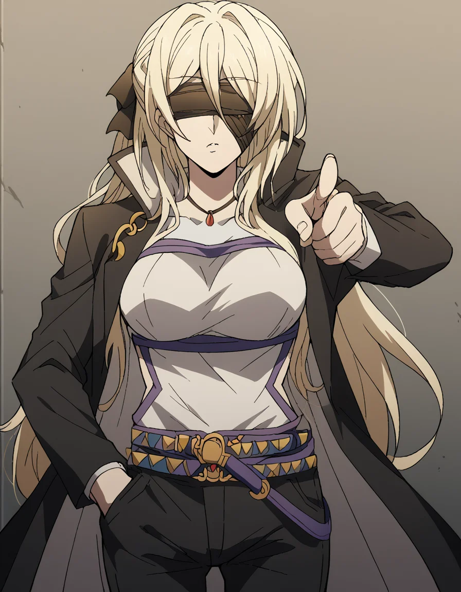 score_9, score_8_up, score_7_up, source_anime, <lora:sword-maiden-s2-ponyxl-lora-nochekaiser:1>, sword maiden, long hair, bangs, blonde hair, blindfold, covered eyes, black blindfold, large breasts, <lora:kujo-jotaro-cosplay-ponyxl-lora-nochekaiser:1>, kujo jotaro cosplay, kujo jotaro (cosplay), gakuran, cosplay, belt, black headwear, black jacket, black pants, high collar, multiple belts, pants, shirt,, street, jojo pose, pointing, hand in pocket, cowboy shot, looking at viewer,