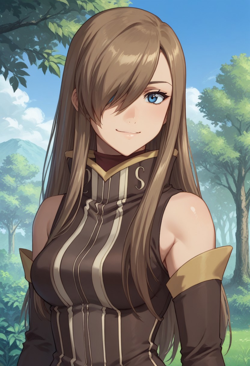 score_9, score_8_up, score_7_up, source_anime, highly detailed,    
teagrant, 1girl, solo, long hair, brown hair, blue eyes, dress, brown dress, high collar, gloves, hair over one eye, smile, detached sleeves, upper body,
outdoor, sky, trees,
