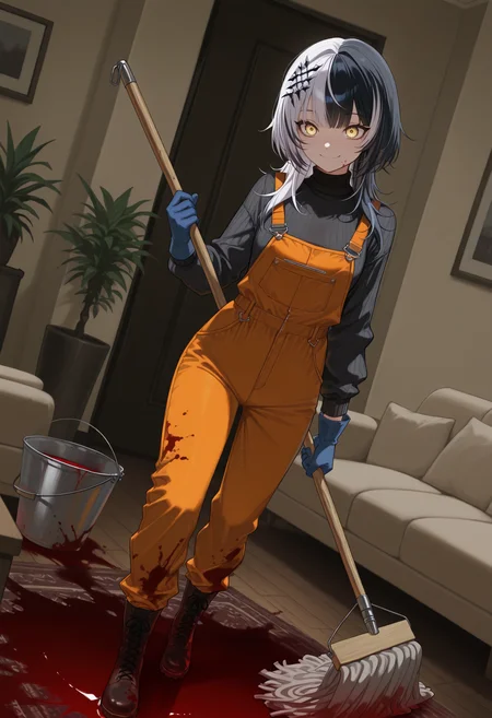 masterpiece, best quality, 1girl, solo, Shi0riN0vella, multicolored hair, white hair, black hair, yellow eyes, single hair ornament, orange overalls, black sweater, turtleneck, blue gloves, boots, holding mop, blood on clothes, blood, blood splatter, pool of blood, indoors, dutch angle, wide shot, living room, couch, potted plant, carpet, wooden floor, smile, bucket, <lora:ChamShioriNovellaV2IllustriousXL:1>