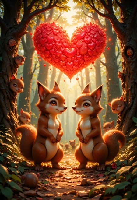a whimsical forest scene. At the center, two anthropomorphic creatures resembling squirrels stand on their hind legs, facing each other with their noses touching. They have large, expressive eyes and bushy tails. Their fur is a mix of brown and cream colors. Above them, a large heart shape is formed by a cluster of smaller red hearts, glowing with a warm light that illuminates the scene. Surrounding them are other small creatures, some peeking from behind trees, all with similar cartoonish features. The background is a dense forest with tall trees and dappled sunlight filtering through the leaves, creating a magical and enchanting atmosphere. The overall color palette is warm, with rich browns, greens, and reds, enhancing the fairy-tale ambiance of the illustration.