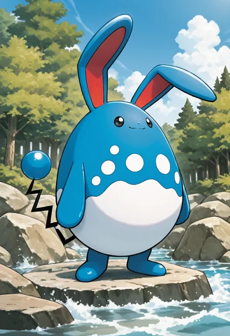 masterpiece, best quality,    <lora:AzumarillPokedexCardArt_IXL:0.8>,   zzAzumarill, smile, closed mouth, standing, full body, outdoors, sky, day, water, black eyes, tree, blue sky, rock,
