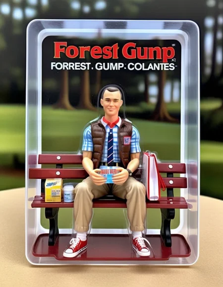 A lifelike action figure of Forrest Gump, seated on a bench, in a clear plastic box. The figure wears the iconic suit and sneakers, with a box of chocolates in hand. The packaging backdrop showcases memorable scenes from the movie, capturing the essence of the beloved character,<lora:gonza_v2:0.7>