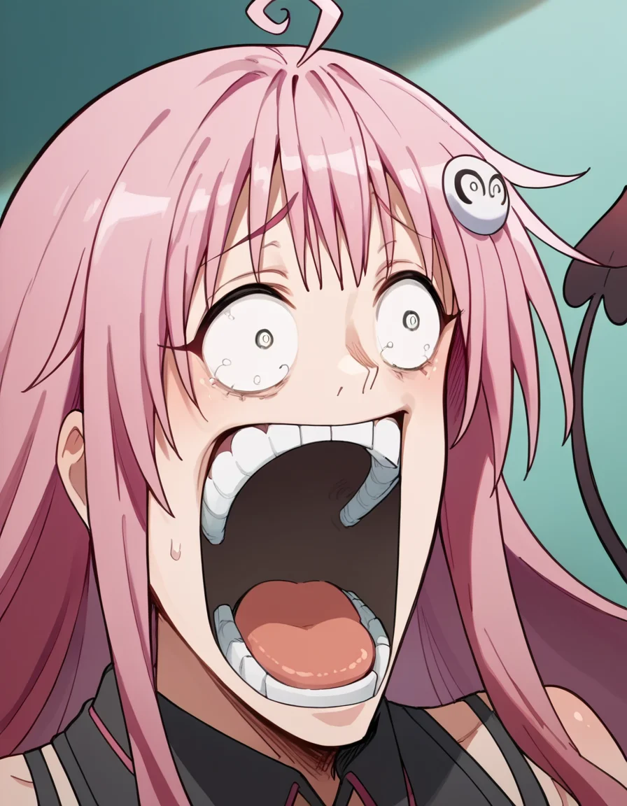 score_9, score_8_up, score_7_up, source_anime, <lora:lala-deviluke-darkness-ponyxl-lora-nochekaiser:1>, lala deviluke, long hair, pink hair, tail, ahoge, bangs, hair ornament, demon tail, large breasts, <lora:enel-face-ponyxl-lora-nochekaiser:1> enel face, open mouth, wide-eyed, teeth, tongue,, , ,