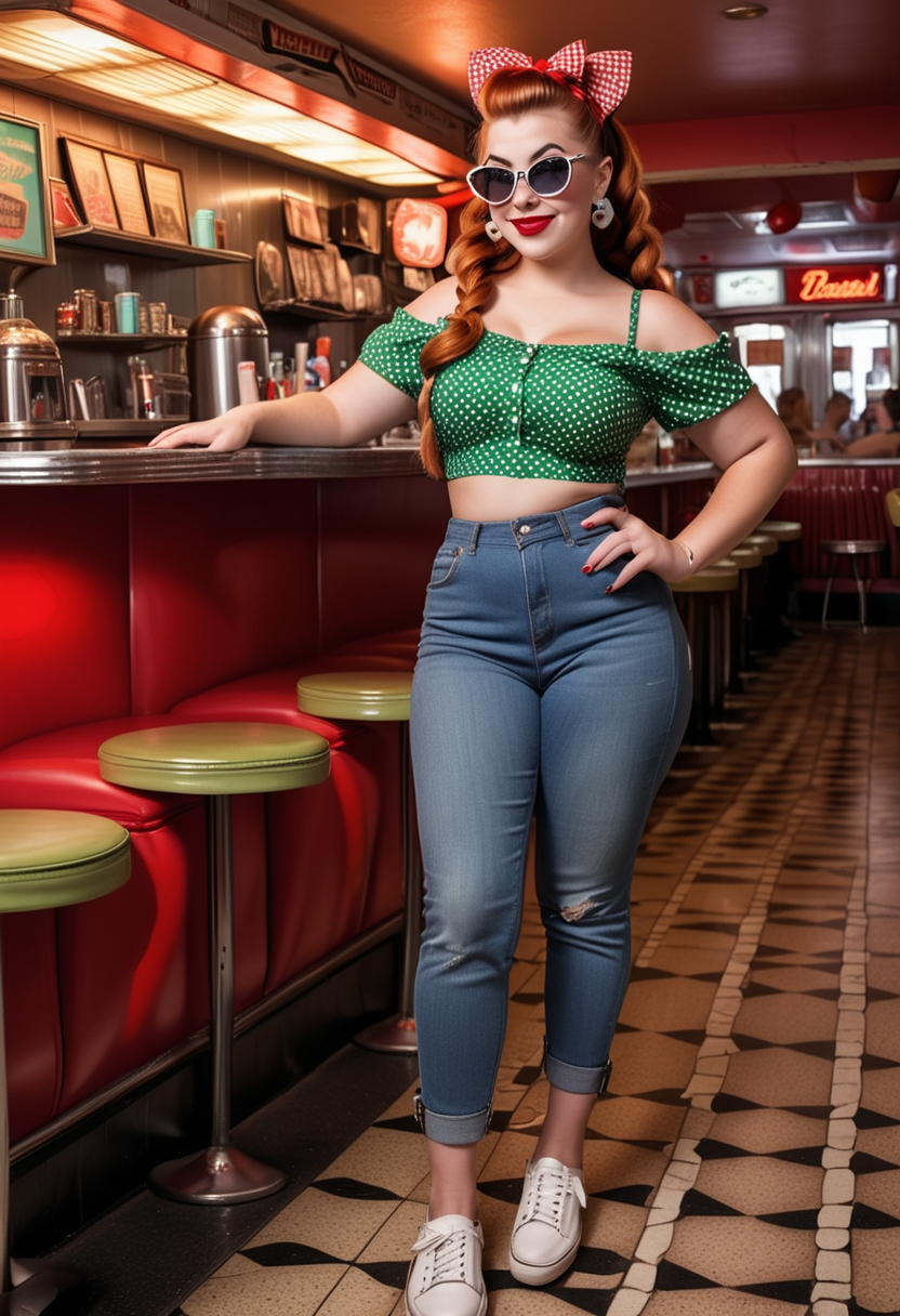 (medium full shot) of (chic rockabilly) young woman, voluptuous build, extra long ginger double braids hair, native american, tan skin, olive green eyes, wearing a polka dot off-shoulder top, high-waisted jeans, saddle shoes, black mascara, wearing a flower hair clip cat-eye sunglasses, set in  a 1950s diner, with checkered floors, red vinyl booths, neon lights, vintage jukebox, and classic bar stools, at night, woman smiling, ,Masterpiece,best quality, raw photo, realistic, very aesthetic