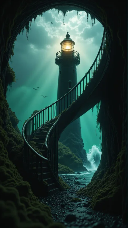 A lighthouse of black obsidian stands on a lonely island, surrounded by roaring tides. Its beacon glows an unnatural green, casting restless shadows across the wrecked ships scattered along the shore. Inside, a spiral staircase winds past walls covered in cryptic messages, slick with time-worn algae. 
, aidmaimageupgrader  <lora:aidmaImageUpgrader-v0.3-IL:0.75>