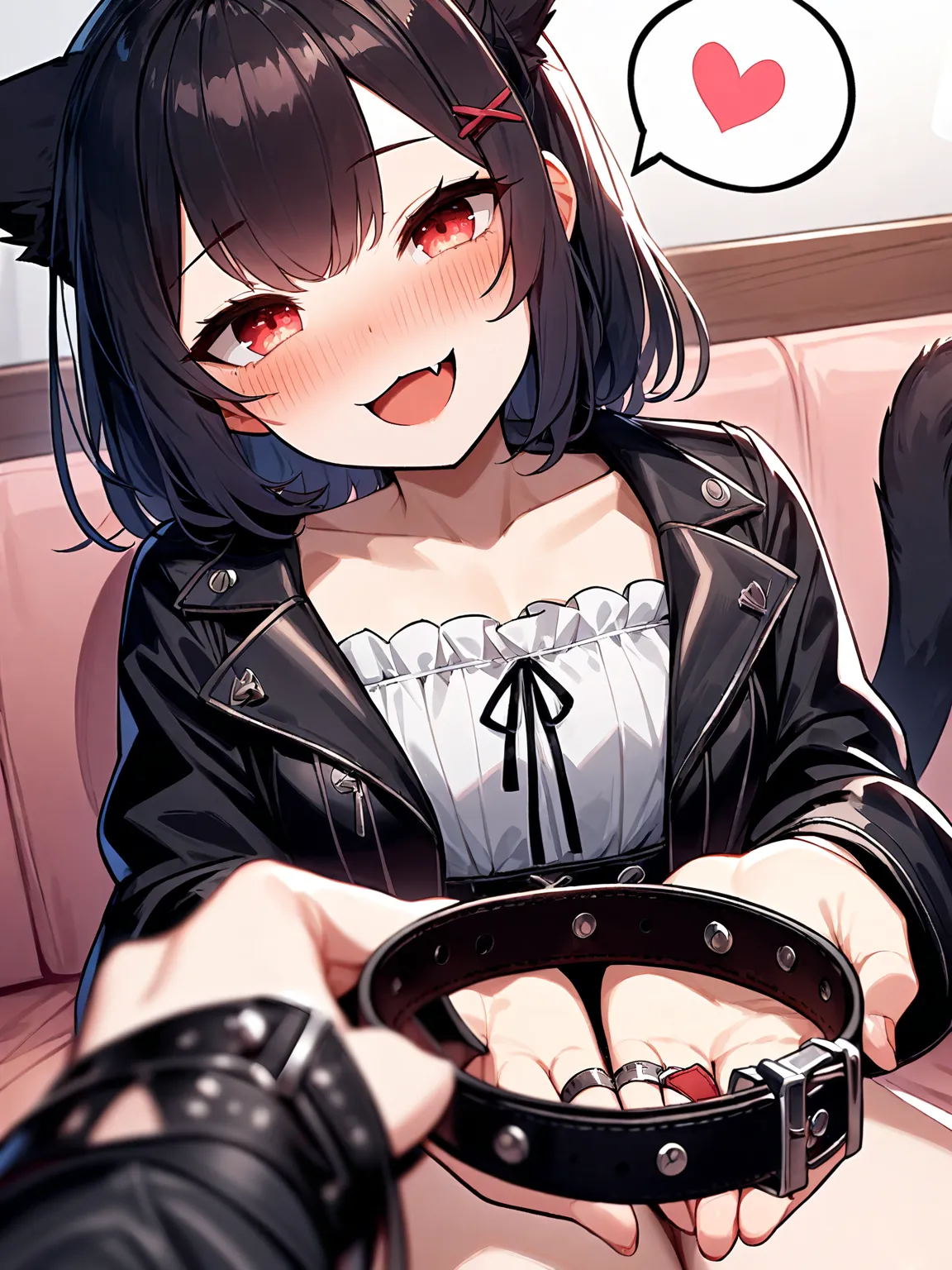 1girl, (collar on her palms, grab collar), (collar), (holding collar),
(pov),
(cat ear),(cat red eyes), (cat tail ornament, ring),(head tilt), black hair, (x hairpin),(fang),
gothic jacket, (spoken heart:1.5),
smile, (happy), kind, blush, collarbone,
looking at viewer,
sitting on sofa, in room
<lora:collar4u-v2:1>, masterpiece, best quality, very aesthetic, absurdres, latest