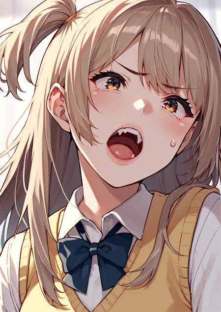 score_9, score_8_up, score_7_up, 1girl, long hair, two side up, solo, blush, open mouth, sweatdrop, sweater vest, school uniform
, <lora:Henkuma_PonyXL_V2_dim32-000032:1>