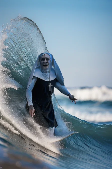 (scarynun:1.2) (surfing:1.1) a wave in the green room, outdoors, ocean, selfie, <lora:theNun_v10:1>, (ultra-wide angle photo, studio lighting, hard light, Fujifilm X100V, hyperrealistic, big depth of field, colors, hyperdetailed)