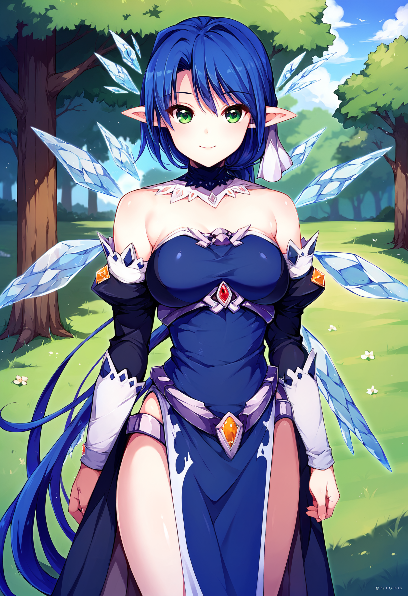 score_9, score_8_up, score_7_up, score_6_up, source_anime, 1girl, solo,
grass, tree,
BREAK
light smile,
j7d3cc4, blue hair, very long hair, ponytail, green eyes, pointy ears,
blue dress, detached sleeves, detached collar, hair ribbon, ice wings,
cowboy shot, standing,
<lora:faux-judecca-rosequartz-blora:0.8>