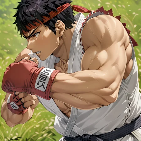 RyuSFXL, 1boy, <lora:RyuSFXL:1> punching, red headband, (anime, masterpiece, intricate:1.3), (best quality, hires textures, high detail:1.2), (4k),(incredibly detailed:1.4),UHD, 8K, ultra detailed