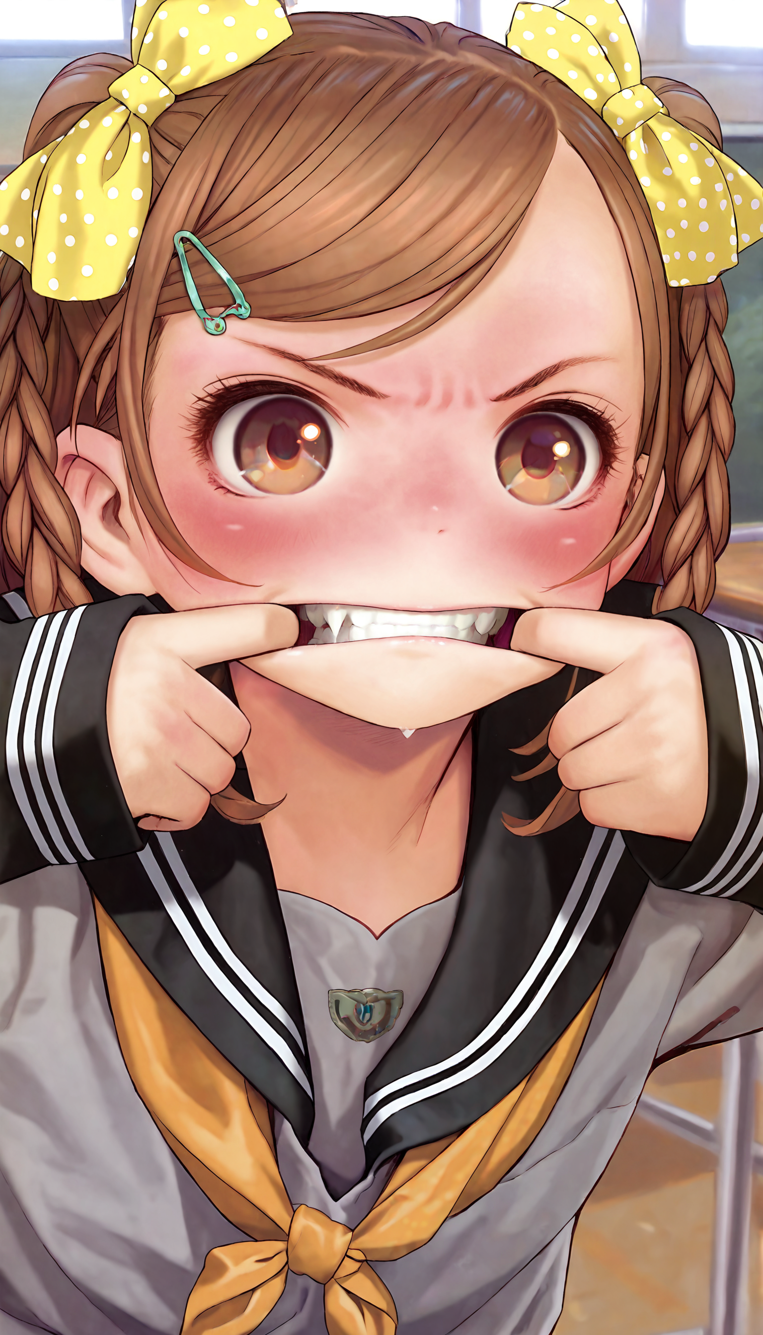 ((ultra-detailed)), ((best quality)), ((beautiful eyes)), ((extremely detailed)), 4K, (8K), best quality, (beautiful), Master piece, highres, best quality, official art, highres, masterpiece, newest,1girl, solo, braid, hairclip, hair ornament, school uniform, mouth pull, brown hair, brown eyes, serafuku, teeth, bow, blush, polka dot, neckerchief, hair bow, sailor collar, yellow bow, polka dot bow, long sleeves, black sailor collar, upper body, swept bangs, twin braids, bangs, finger in own mouth, fangs, orange bow, classroom
