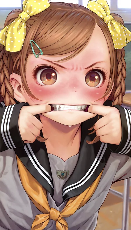 ((ultra-detailed)), ((best quality)), ((beautiful eyes)), ((extremely detailed)), 4K, (8K), best quality, (beautiful), Master piece, highres, best quality, official art, highres, masterpiece, newest,1girl, solo, braid, hairclip, hair ornament, school uniform, mouth pull, brown hair, brown eyes, serafuku, teeth, bow, blush, polka dot, neckerchief, hair bow, sailor collar, yellow bow, polka dot bow, long sleeves, black sailor collar, upper body, swept bangs, twin braids, bangs, finger in own mouth, fangs, orange bow, classroom