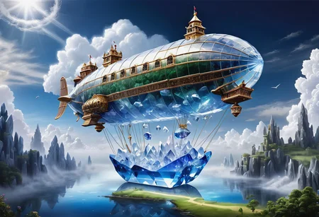 masterpiece, best quality, absurdres, photo, airship, (made of crystal:1.3), landscape, clouds