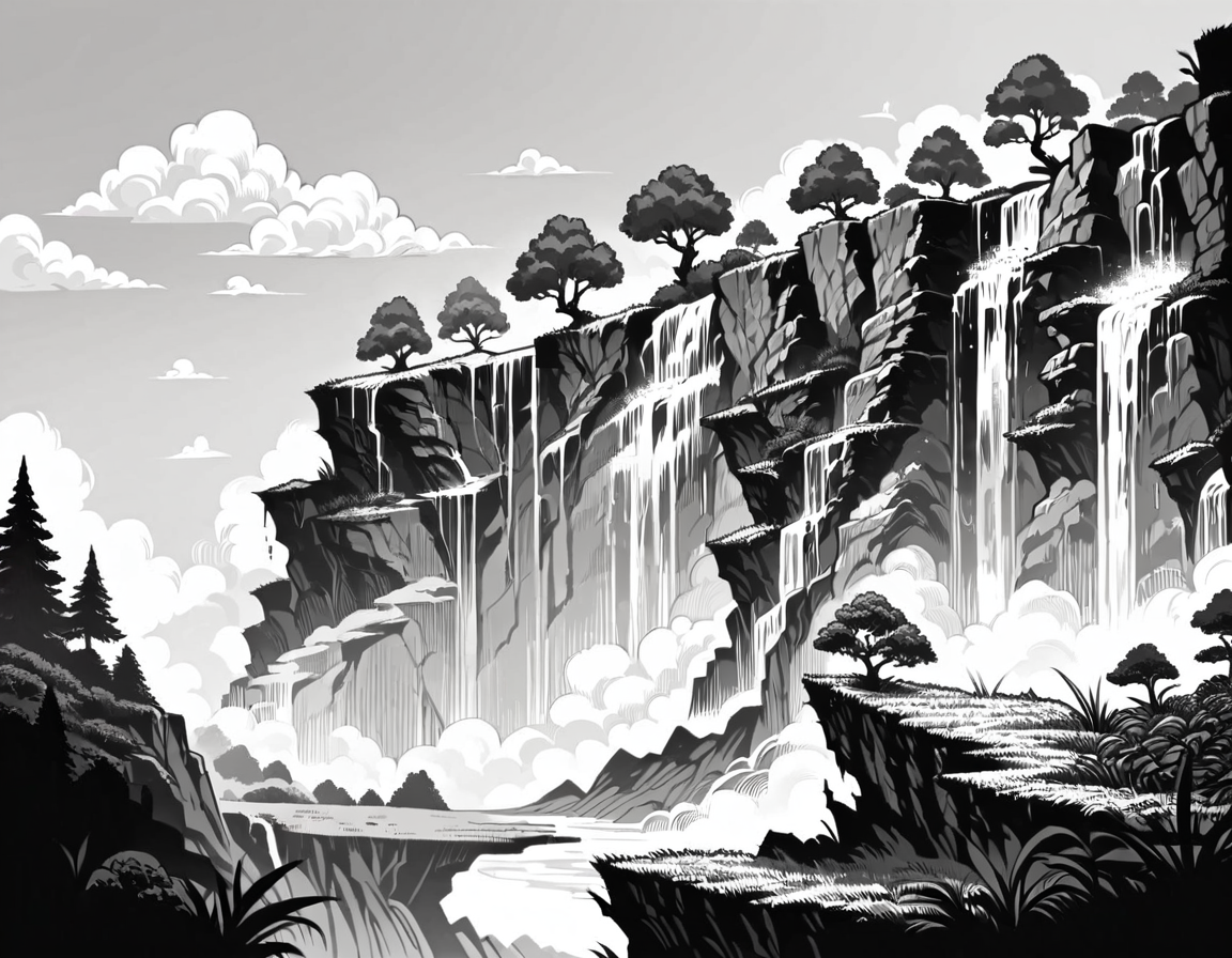 score_9, score_8_up, score_7_up, <lora:Clean Sketch (J) style:1> monochrome,  cliffside with waterfalls and a meadow