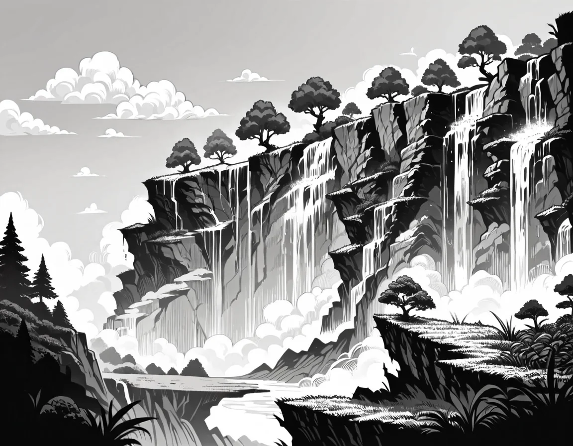 score_9, score_8_up, score_7_up, <lora:Clean Sketch (J) style:1> monochrome, cliffside with waterfalls and a meadow