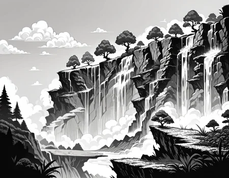 score_9, score_8_up, score_7_up, <lora:Clean Sketch (J) style:1> monochrome, cliffside with waterfalls and a meadow