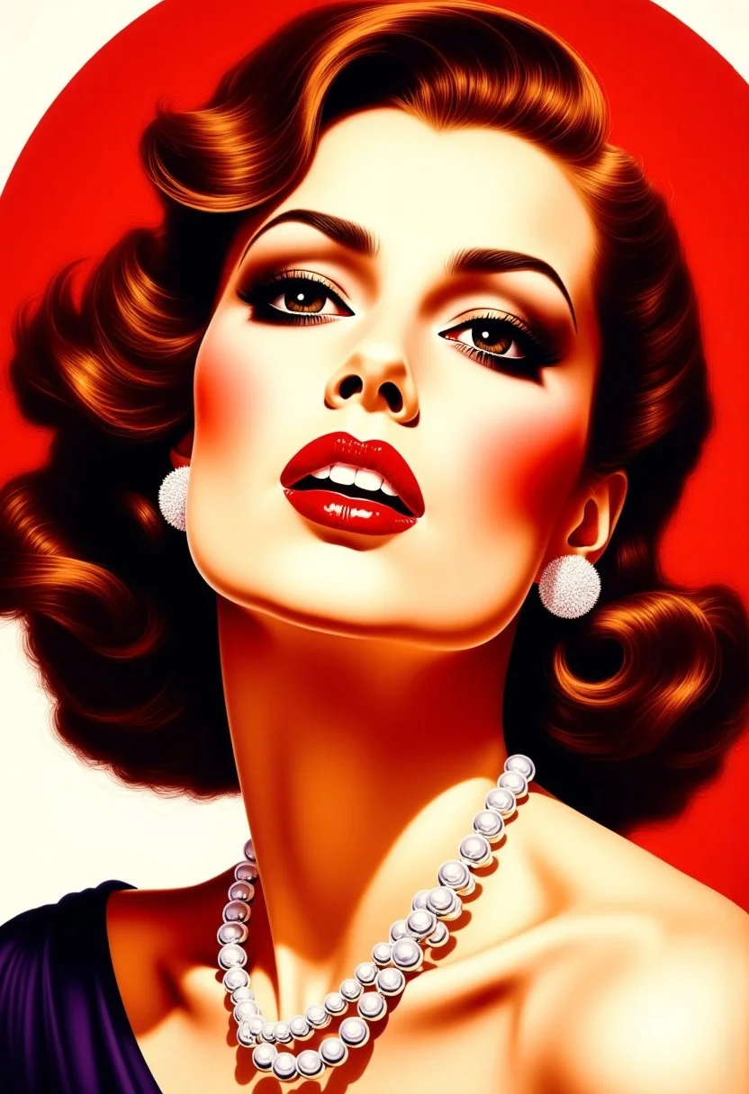 A classic movie star portrait of a striking, glamorous woman with vintage curls, pearls, and a sophisticated expression, set against a bold contrasting background, illustration in the style of BRSH