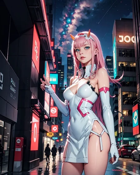 (<lora:Zero_Two_Darling:0.8> Zero_Two_Darling, :1.2), (full length 24 years old adult woman medium bosom:1.1), (Zero Two from Darling in the Franxx), neon pink hair, teal blue eyes, futuristic, metallic horns, cyberpunk, a discovery of faster-than-light travel (Zero Two from Darling in the Franxx style of Tim Walker), pastel pink hair, teal blue eyes, soft ethereal lighting, delicate futuristic dress, crystal horns, floating in dreamlike starlit sky, luminous clouds, serene introspective gaze, intricate glowing lace, reflective futuristic jewelry, celestial backdrop