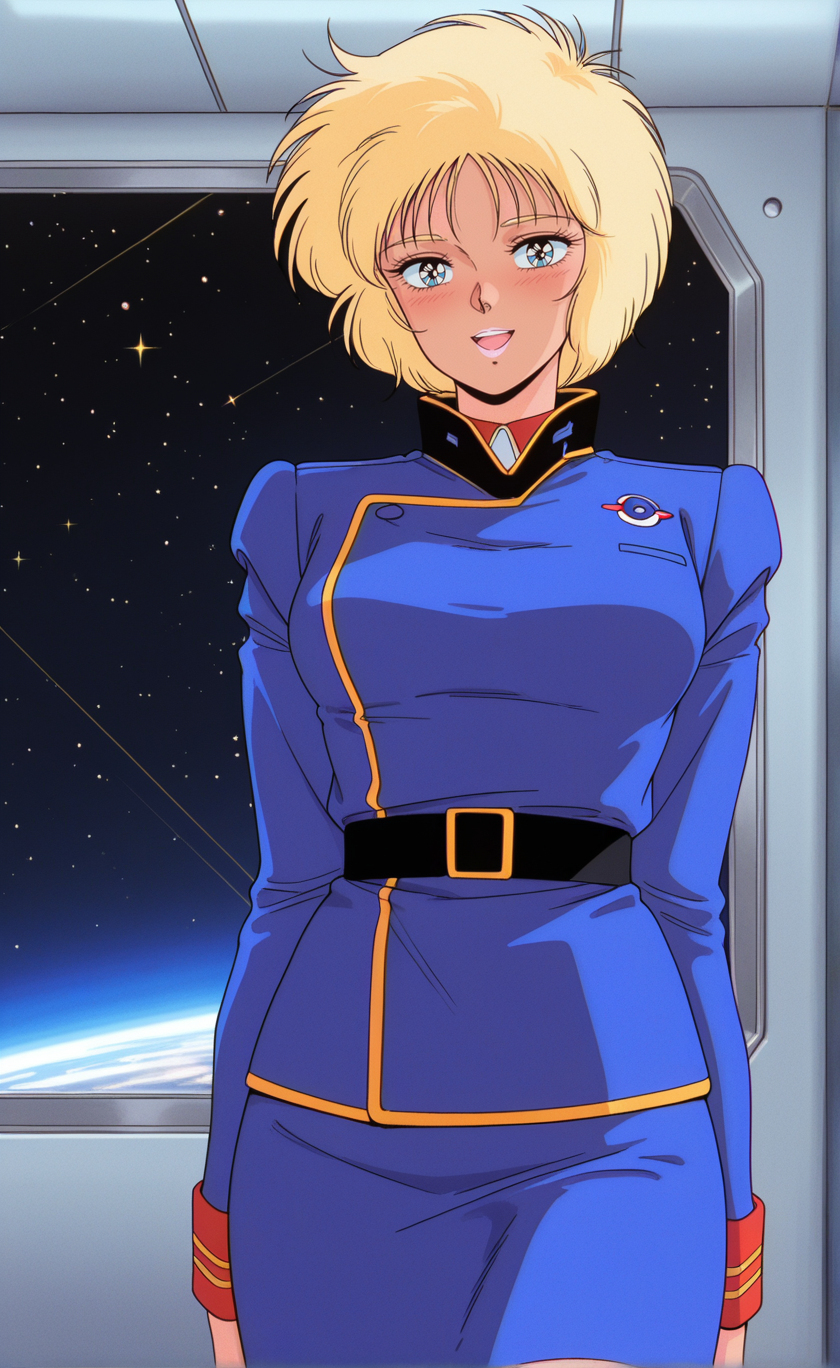 1girl,gndmzzemronc,retro artstyle,1980s (style),solo, blonde hair, short hair,eyelashes, blue eyes,medium breasts, lipstick, uniform, skirt,blue jacket, belt, long sleeves, blue skirt,indoors,window,star \(symbol\),sky,space,looking at viewer,wide-eyed ,from behind ,open mouth ,blush ,arms behind back  ,,,seductive smile , best quality,masterpiece,sensitive, <lora:GundamZZEmaryOunceNoobAI2:1>