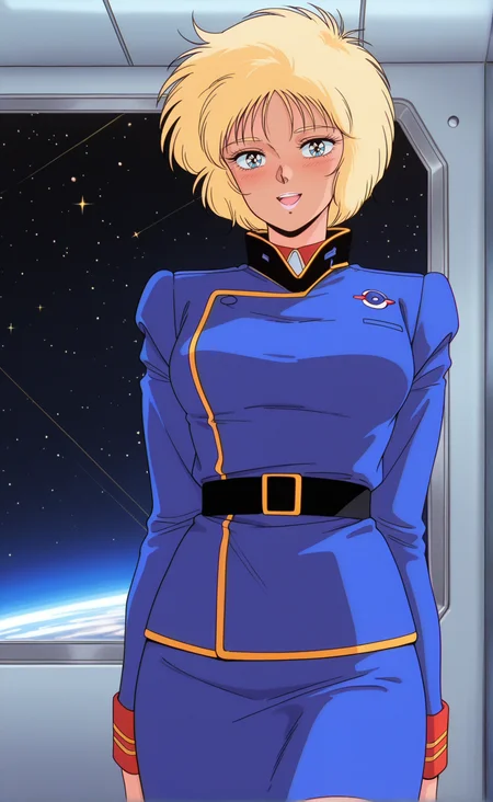 1girl,gndmzzemronc,retro artstyle,1980s (style),solo, blonde hair, short hair,eyelashes, blue eyes,medium breasts, lipstick, uniform, skirt,blue jacket, belt, long sleeves, blue skirt,indoors,window,star \(symbol\),sky,space,looking at viewer,wide-eyed ,from behind ,open mouth ,blush ,arms behind back ,,,seductive smile , best quality,masterpiece,sensitive, <lora:GundamZZEmaryOunceNoobAI2:1>