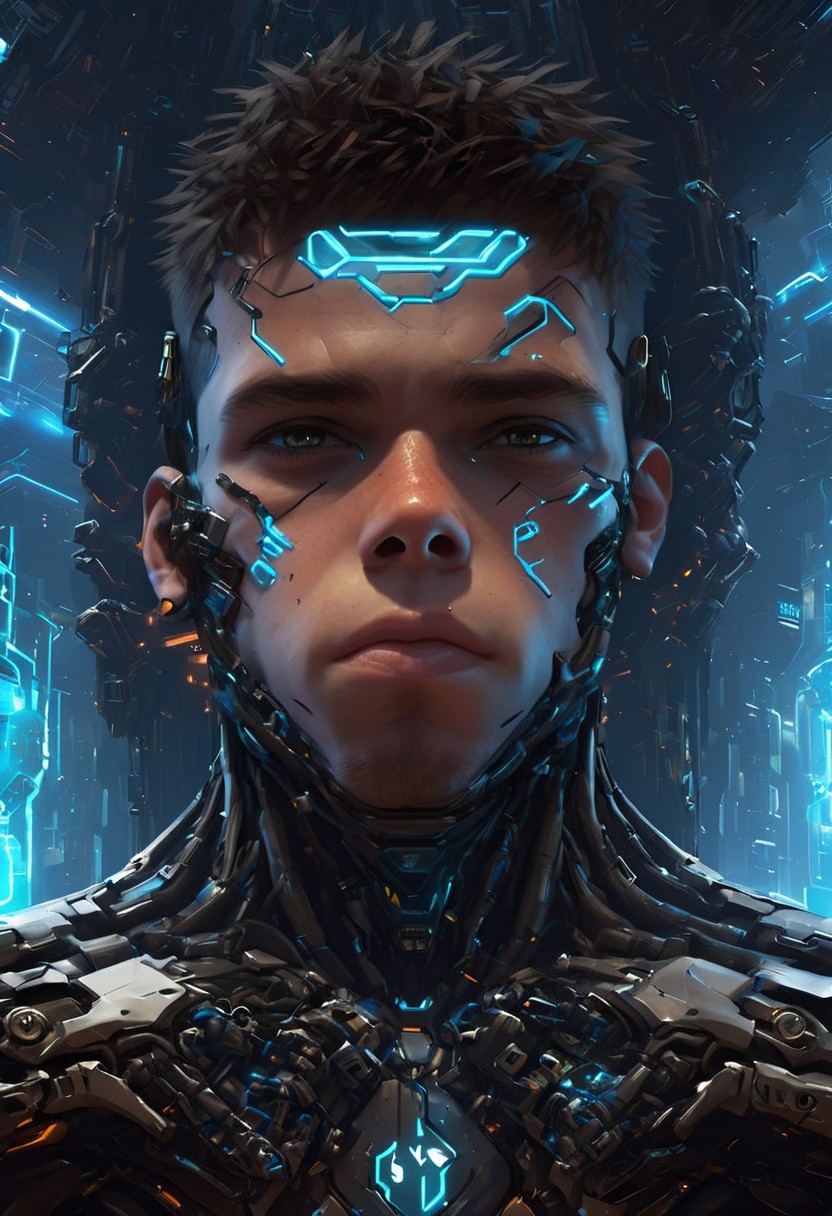 cpunk, IBG, 4ng3l face
1boy, mechanical sci fi arms, fixing a space ship, cyberpunk background,