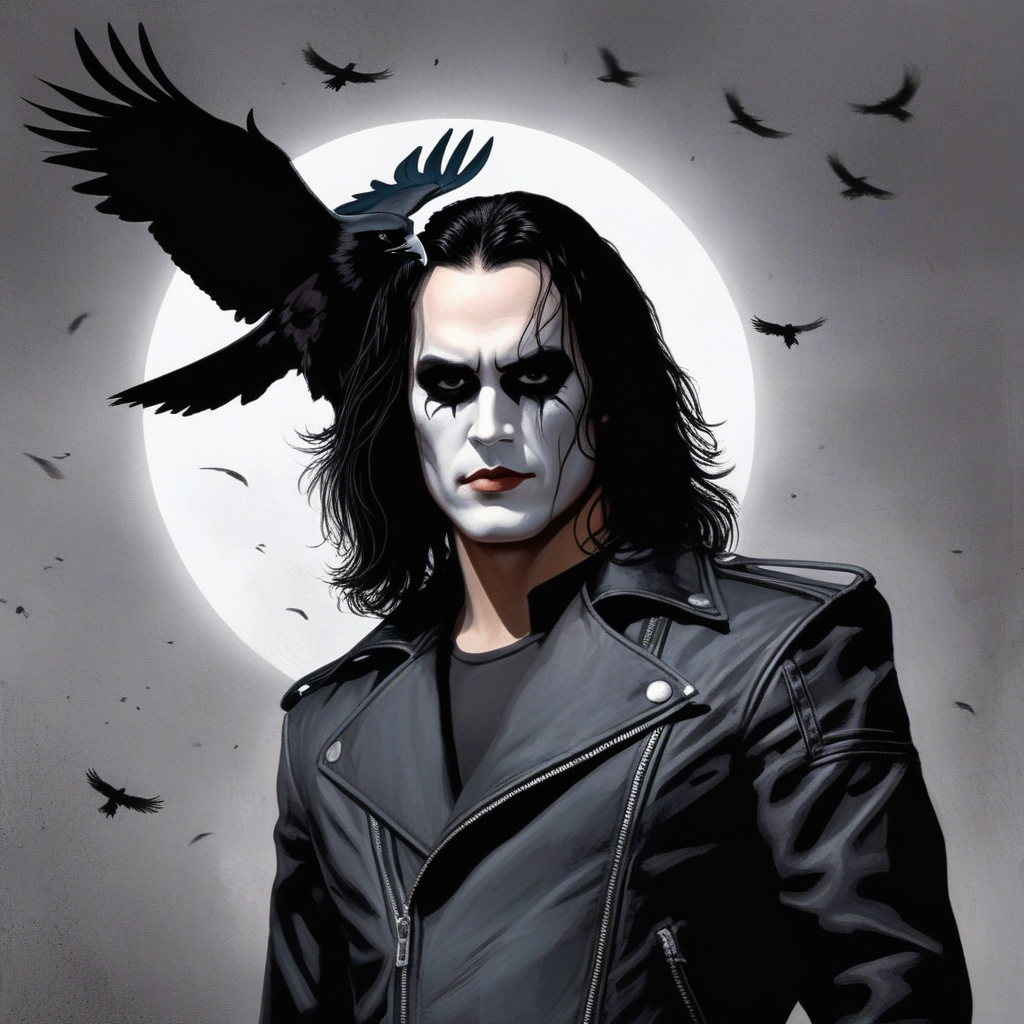concept art of  <lora:comic book magazine:1>  
Brandon Lee Eric Draven a man in a black leather jacket with a crow on his left shoulder comic book magazine style, digital artwork, illustrative, painterly, matte painting, highly detailed