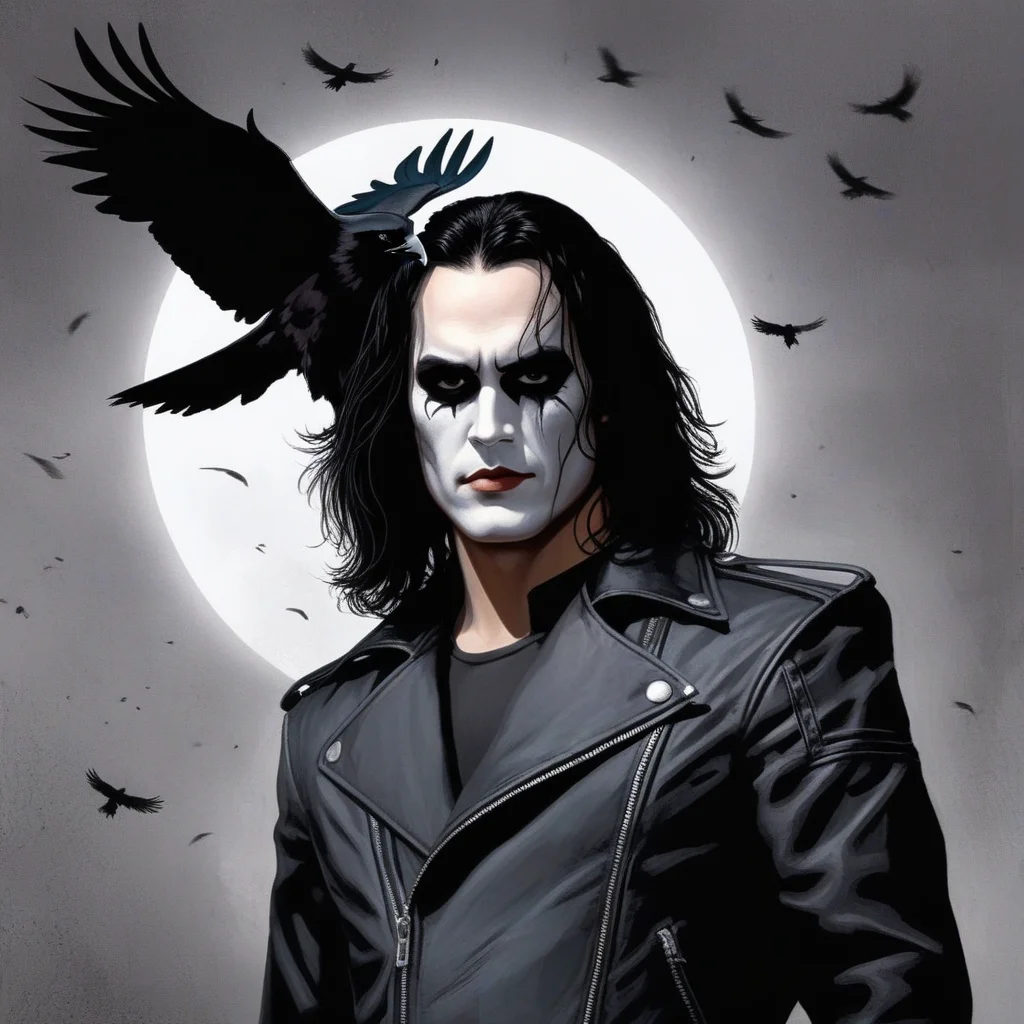 concept art of  <lora:comic book magazine:1>  
Brandon Lee Eric Draven a man in a black leather jacket with a crow on his left shoulder comic book magazine style, digital artwork, illustrative, painterly, matte painting, highly detailed