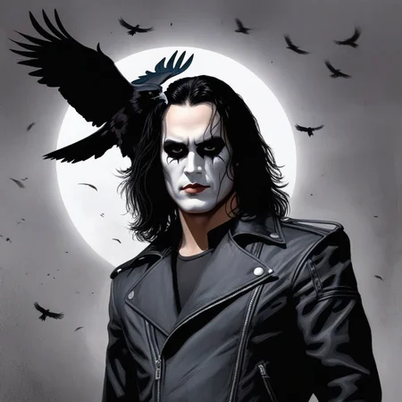 concept art of <lora:comic book magazine:1>
Brandon Lee Eric Draven a man in a black leather jacket with a crow on his left shoulder comic book magazine style, digital artwork, illustrative, painterly, matte painting, highly detailed