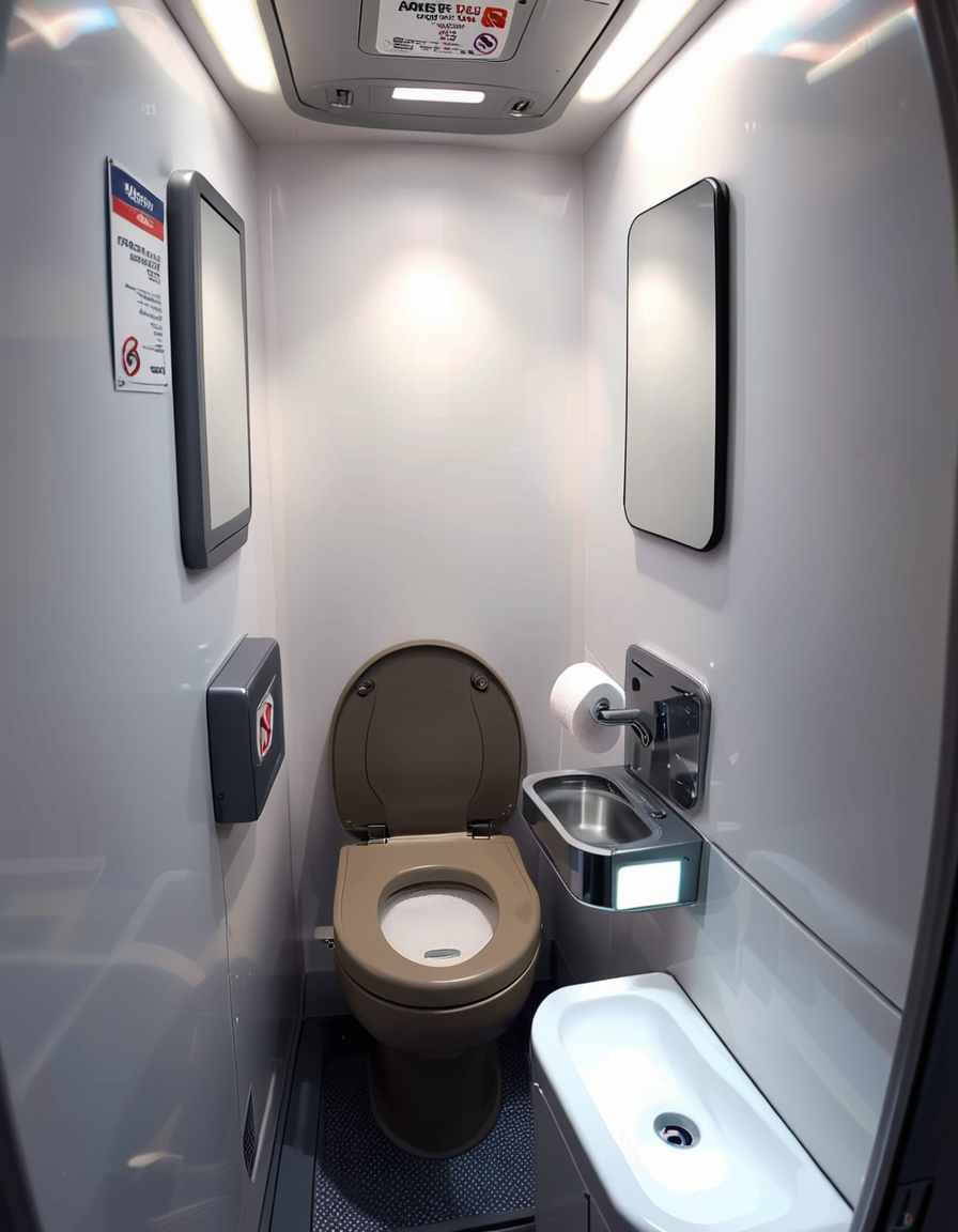 A highly detailed and realistic photograph of an airplane lavatory. The small, compact space features light gray plastic walls with subtle texture, a stainless-steel sink with a motion-sensor faucet, and a mirror reflecting the narrow interior. The toilet is sleek, with a closed lid and a small instruction sticker on top. A soft, dim overhead light illuminates the space, creating a sterile yet functional atmosphere. On the side, a dispenser for paper towels and a built-in trash compartment are visible. The door has a small lock mechanism and an 'Occupied' sign. The floor is dark, non-slip material, and there are small signs with safety instructions in multiple languages. The perspective is slightly wide-angle, capturing the entire space from a slightly tilted angle, emphasizing the compact design. 
<lora:SDXLFaeTastic2400:0.4> <lora:extremely_detailed:0.4> extremely detailed,<lora:airplane_l4v4t0ry:1>,airplane l4v4t0ry, Masterpiece,best quality,hi res,8k,hi res,8k,award winning,(sharp focus, intricate, highly detailed),