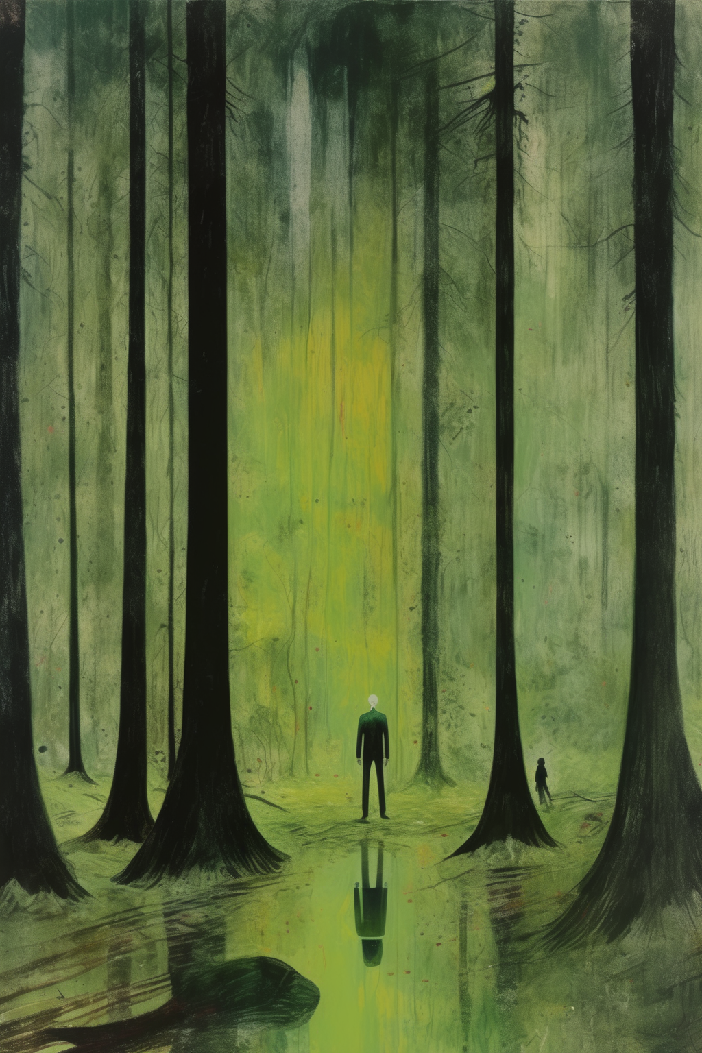 <lora:Peter Doig Style:1>Peter Doig Style - concept art for the sinister middle of the forest painted