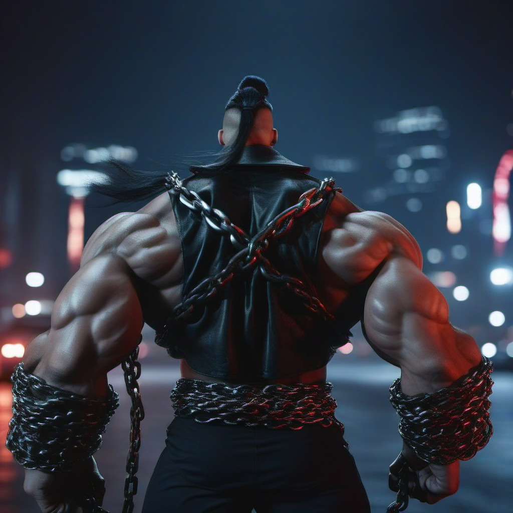 cinematic photo a muscular man, veins, chains, red eyes, pony tail, black hair, claws, night city lights background <lora:Pitt1024:0.8> . 35mm photograph, film, bokeh, professional, 4k, highly detailed