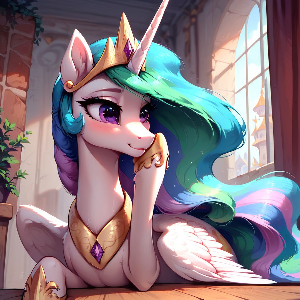 masterpiece, score_9, score_8_up, score_7_up, (best quality:1.1), ultra-detailed, high resolution, 1 girl, solo, pony, alicorn, highly detailed macro illustration, Princess Celestia smiling, blushing, hooves on face, Princess Celestia, feral, female, mare, cute, long eyelashes, (indoors), (((beautiful detailed eyes))), Long eyelashes, fluffy, ear fluff, long eyelashes, (cornering), taking cover, spying, marble wall, Highly Visible, (((8k))), sharp focus, perfect lighting, anatomically correct, extremely detailed, shine on body, (Canterlot Interior), high detail, cute face, Expressiveh, detailed background, OverallDetail, zPDXL2, <lora:Corneringv1:0.8>