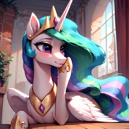 masterpiece, score_9, score_8_up, score_7_up, (best quality:1.1), ultra-detailed, high resolution, 1 girl, solo, pony, alicorn, highly detailed macro illustration, Princess Celestia smiling, blushing, hooves on face, Princess Celestia, feral, female, mare, cute, long eyelashes, (indoors), (((beautiful detailed eyes))), Long eyelashes, fluffy, ear fluff, long eyelashes, (cornering), taking cover, spying, marble wall, Highly Visible, (((8k))), sharp focus, perfect lighting, anatomically correct, extremely detailed, shine on body, (Canterlot Interior), high detail, cute face, Expressiveh, detailed background, OverallDetail, zPDXL2, <lora:Corneringv1:0.8>