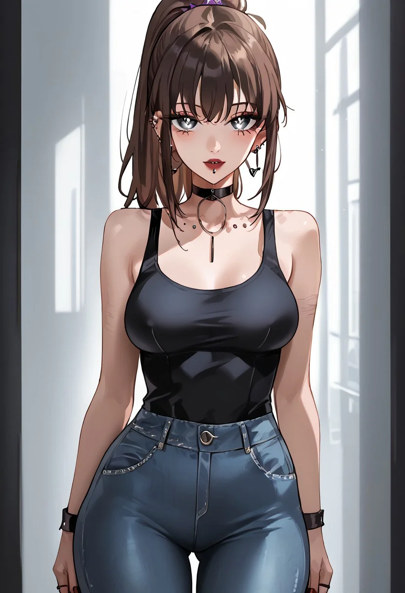 score_9, score_8_up, score_7_up, score_6_up, 1girl, expulse, medium hair, side-swepped bangs, brown hair, purple streaks, ponytail, BREAK, grey eyes, short neck, gorgeous lips, ear piercings, BREAK, medium breasts, pale skin, BREAK, solo, alone, black tanktop, tight jeans, sexy gal, no make-up (masterpiece:1.2), best quality, high resolution, unity 8k wallpaper, (illustration:0.8), (beautiful detailed eyes:1.6), extremely detailed face, perfect lighting, extremely detailed CG, (perfect hands, perfect anatomy),