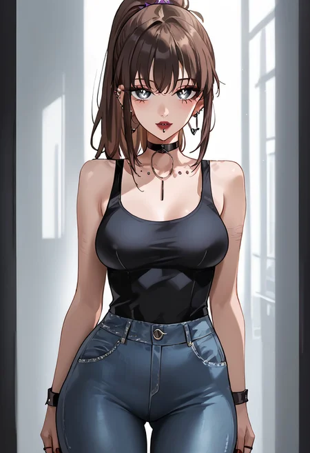 score_9, score_8_up, score_7_up, score_6_up, 1girl, expulse, medium hair, side-swepped bangs, brown hair, purple streaks, ponytail, BREAK, grey eyes, short neck, gorgeous lips, ear piercings, BREAK, medium breasts, pale skin, BREAK, solo, alone, black tanktop, tight jeans, sexy gal, no make-up (masterpiece:1.2), best quality, high resolution, unity 8k wallpaper, (illustration:0.8), (beautiful detailed eyes:1.6), extremely detailed face, perfect lighting, extremely detailed CG, (perfect hands, perfect anatomy),