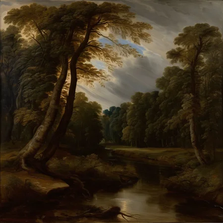 a painting by Rbns, The image depicts a serene landscape dominated by tall dense trees. A stream flows through the scene reflecting the surrounding greenery. The sky above is overcast suggesting an impending storm or rain., tree, scenery, outdoors, nature, bird, <lora:Rubens_XL:1.1>