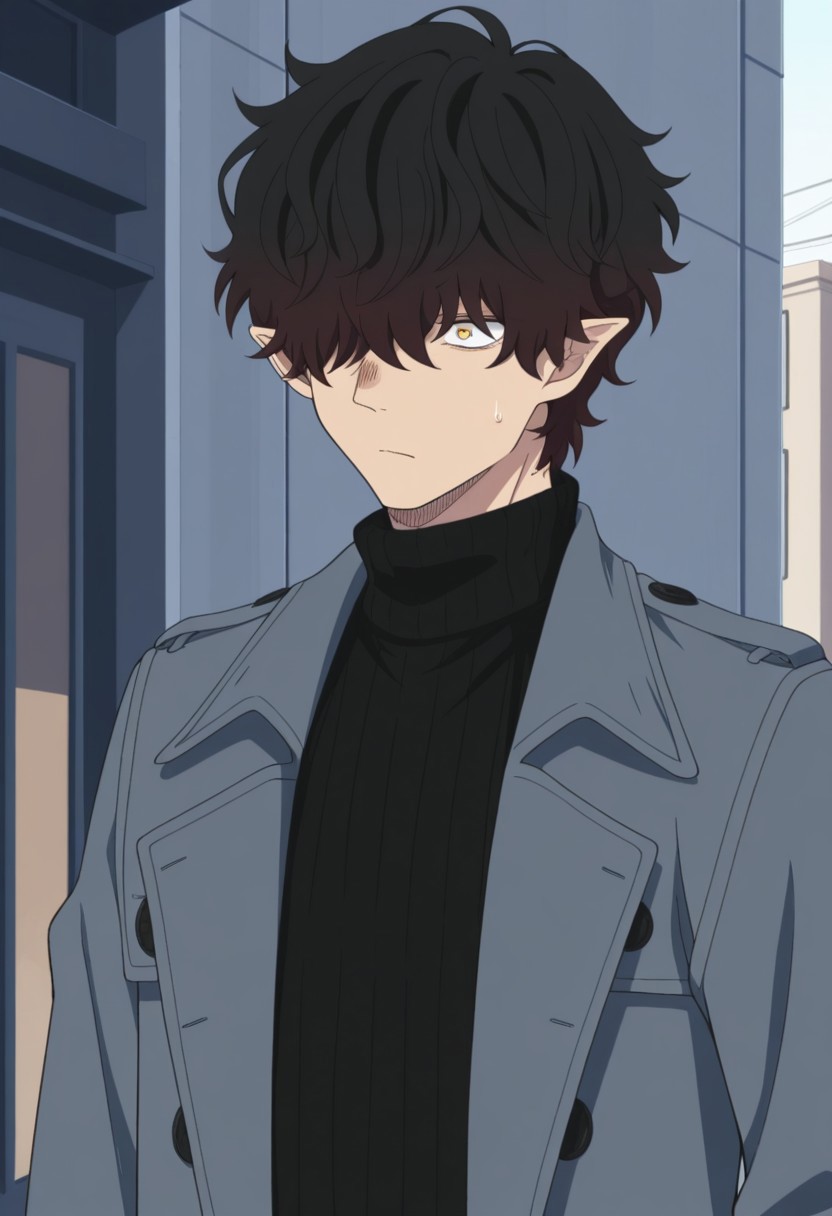 masterpiece,best quality,amazing quality, source_anime, 
Warumonosan, 1boy, male focus, solo, pointy ears, hair over one eye, yellow eyes, brown hair, sweater, black sweater, turtleneck, coat, grey coat, open coat,
outdoor,