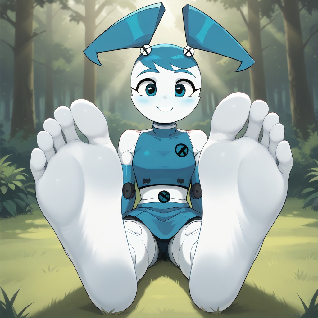 score_9, score_8_up, BREAK, (masterpiece:1.4), (best quality:1.2), solo, perfect anatomy, accurate anatomy, perfect feet, perfect soles, PONYXL_WaifuFeetPics_ownwaifu, solo, Jenny wakeman, white skin, blue hair, blue skirt, blue top, robot girl, sexy pose, self portrait, smile, outdoors, sunlight, shadows, evening lighting, natural lighting, forest, trees, grass, orange sky, sunset, (((sitting, barefoot, foot focus, feet, soles)))