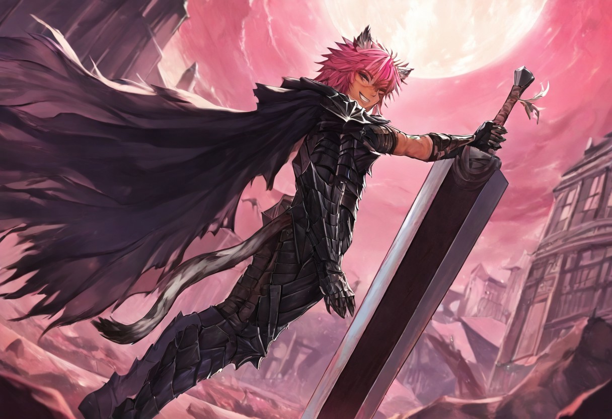 masterpiece, very aesthetic, anime screenshot, 1girl, Pink_PonyXL, DragonSlayerSword-Il.V1.0, black armor, shoulder armor, gauntlets, greaves, bandaged arm, black cape, torn cape, bright pink hair, cat ears, scar on nose, cat bell around neck, tanned, white tiger tail, small breasts, femine body, smiling, making a cute cat face, single fanged tooth showing, standing, looking at viewer, side view, wielding-dragonslayer, huge weapon, sword, holding sword, holding weapon, full body, zoomed in on pink_ponyxl, Dutch angle, cowboy shot 
Break
City of hyrule, bright and sunny, happy adoring crowd,