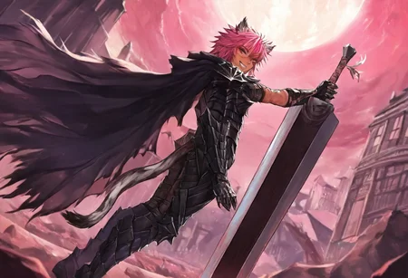 masterpiece, very aesthetic, anime screenshot, 1girl, Pink_PonyXL, DragonSlayerSword-Il.V1.0, black armor, shoulder armor, gauntlets, greaves, bandaged arm, black cape, torn cape, bright pink hair, cat ears, scar on nose, cat bell around neck, tanned, white tiger tail, small breasts, femine body, smiling, making a cute cat face, single fanged tooth showing, standing, looking at viewer, side view, wielding-dragonslayer, huge weapon, sword, holding sword, holding weapon, full body, zoomed in on pink_ponyxl, Dutch angle, cowboy shot
Break
City of hyrule, bright and sunny, happy adoring crowd,