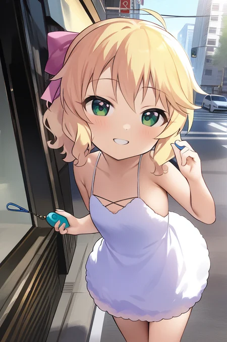 1girl,Sakurai_Momoka,1girl,solo,green eyes, blonde hair, shorthair, wavy hair, sidelocks,flat chest,(petite),chibi,fluffy dress,ribbon,(crime prevention buzzer),outdoor,downtown,street,smile, <lora:XDetail_light:1.3>   <lora:crimepreventionbuzzer_XL_v1:0.8> <lora:Sakurai_Momoka_XL:0.8>,masterpiece,best quality <lora:better skin typeB-v1:0.7>