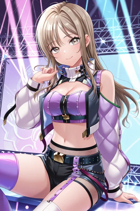 masterpiece, best quality, amazing quality,
 <lora:HayateV2_IL:1> hayate, 1girl, solo, shorts, breasts, long hair, thighhighs, smile, navel, looking at viewer, sitting, black shorts, short shorts, cleavage, midriff, crop top, jacket, bangs, stage outfit, asymmetrical legwear, stage