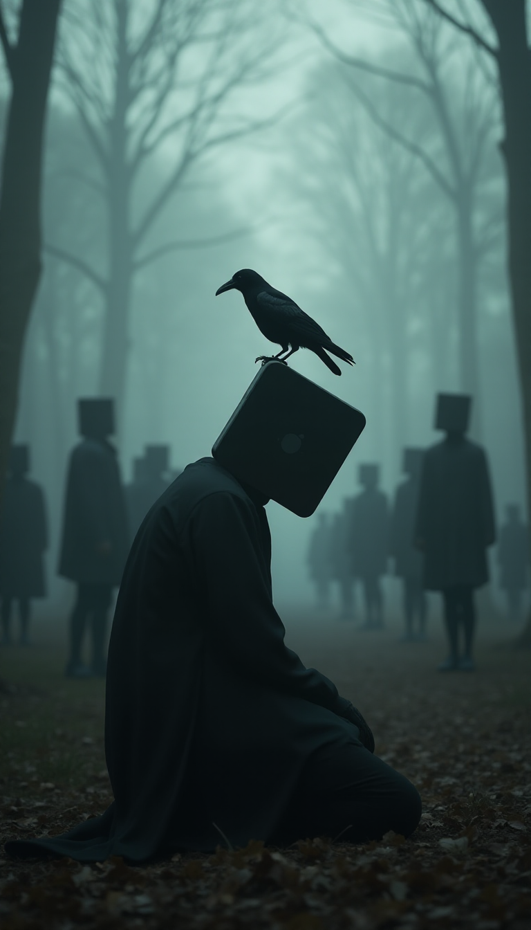 side view, Surreal photograph of a figure kneeling in a foggy forest. The figure's head is replaced with an realistic big exaggerated iphone, on which a black crow is perched. surrounded by many figures with various types of smartphones replaced their head.  The image should have a dark, muted color palette with a shallow depth of field. The overall mood is mysterious and melancholic. 

