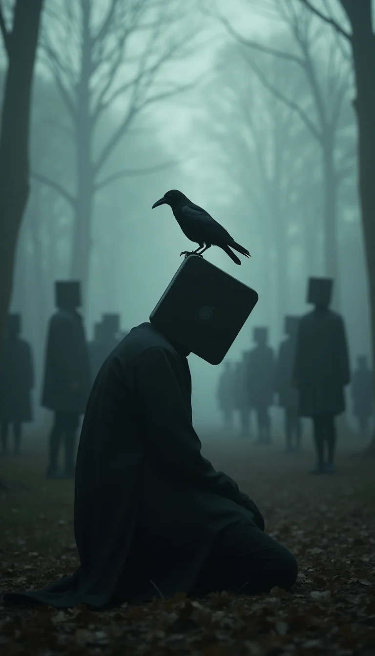 side view, Surreal photograph of a figure kneeling in a foggy forest. The figure's head is replaced with an realistic big exaggerated iphone, on which a black crow is perched. surrounded by many figures with various types of smartphones replaced their head. The image should have a dark, muted color palette with a shallow depth of field. The overall mood is mysterious and melancholic.