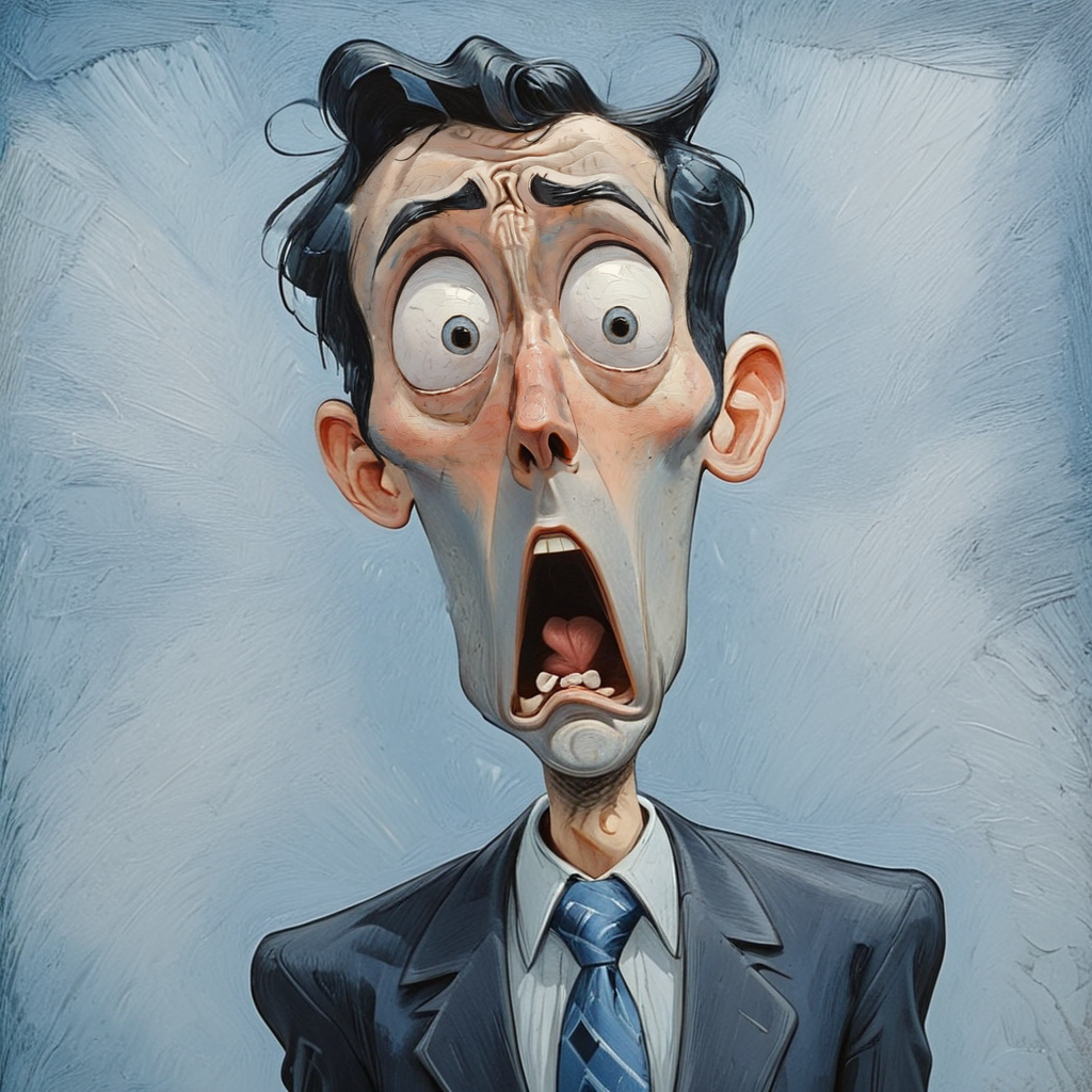 <lora:Expressionism_CartoonsSDXL:1> Expressionism Cartoons, The image shows a painting of a man in a suit with a surprised look on his face set against a blue and ash colored background., 1boy, necktie, male focus, solo, black hair, open mouth, shirt, formal, suit, collared shirt